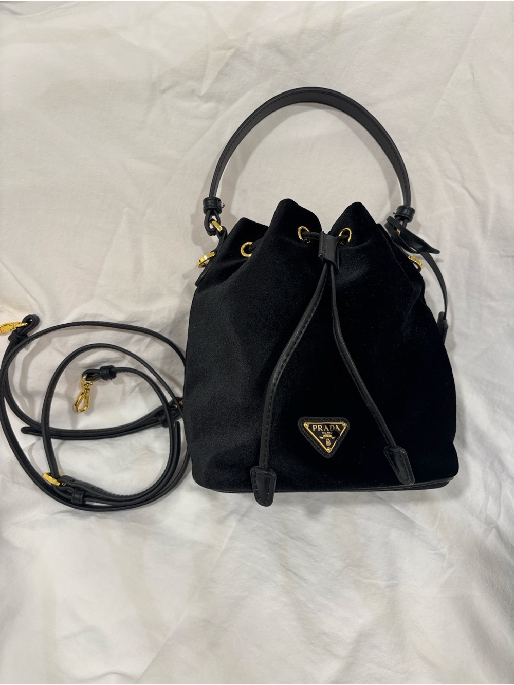 Prda Black Velvet Drawstring Bucket Bag